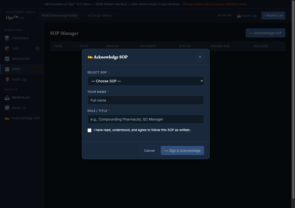 Acknowledge SOP Modal